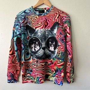𝅺Retro Galactic Sweatshirt Cat Print Hypnotic Long Sleeve Multicolored Scene